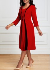 Pleated Hem Red Square Neck Dress