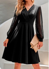 Black V Neck Mesh Long Sleeve Dress