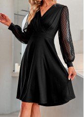 Black V Neck Mesh Long Sleeve Dress