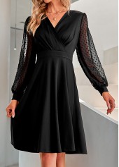 Black V Neck Mesh Long Sleeve Dress