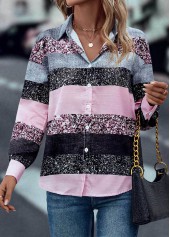 Button Shirt Collar Pink Long Sleeve Blouse