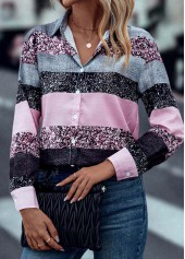 Button Shirt Collar Pink Long Sleeve Blouse