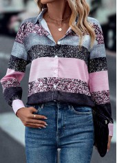 Button Shirt Collar Pink Long Sleeve Blouse