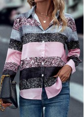 Button Shirt Collar Pink Long Sleeve Blouse