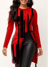 Geometric Print Split Red Round Neck T Shirt