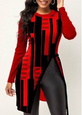 Geometric Print Split Red Round Neck T Shirt