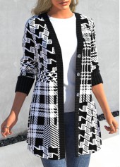 Geometric Print Button Black Long Sleeve Coat