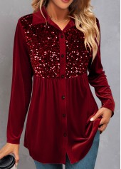 Wine Red Shirt Collar Long Sleeve Velvet Blouse