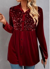 Wine Red Shirt Collar Long Sleeve Velvet Blouse