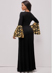 Random Floral Print Hot Stamping Black Maxi Dress
