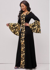 Random Floral Print Hot Stamping Black Maxi Dress