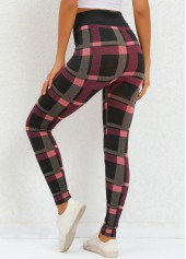 Plaid Deep Red Elastic Waist High Waisted Leggings