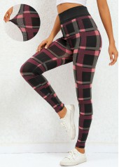 Plaid Deep Red Elastic Waist High Waisted Leggings