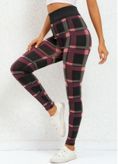 Plaid Deep Red Elastic Waist High Waisted Leggings