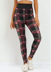 Plaid Deep Red Elastic Waist High Waisted Leggings