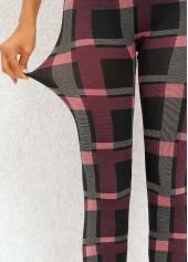 Plaid Deep Red Elastic Waist High Waisted Leggings
