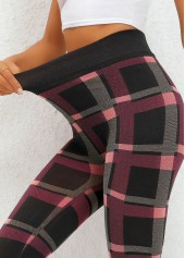 Plaid Deep Red Elastic Waist High Waisted Leggings