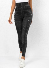 Black Beaded High Waisted Ankle Length Leggings
