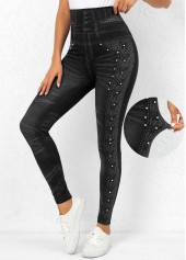 Black Beaded High Waisted Ankle Length Leggings