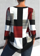 Geometric Print Asymmetry Black Split Neck Blouse