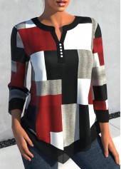 Geometric Print Asymmetry Black Split Neck Blouse