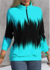 Ombre Zipper Cyan High Neck Long Sleeve Sweatshirt