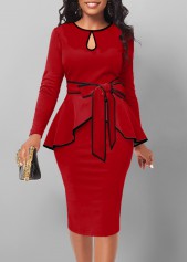 Contrast Binding Belted Red Round Neck Bodycon Dress