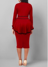 Contrast Binding Belted Red Round Neck Bodycon Dress