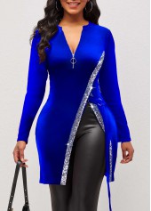 Royal Blue Round Neck Long Sleeve Velvet Blouse