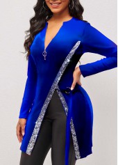 Royal Blue Round Neck Long Sleeve Velvet Blouse
