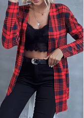Long Sleeve Plaid Red Lightweight Cardigan