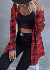 Long Sleeve Plaid Red Lightweight Cardigan