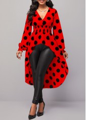 Polka Dot Red V Neck Long Sleeve Blouse