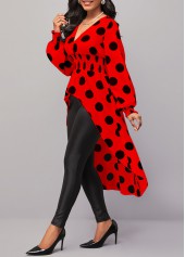 Polka Dot Red V Neck Long Sleeve Blouse