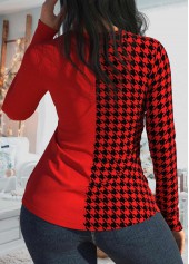 Houndstooth Print Patchwork Red V Neck T Shirt