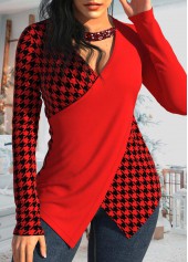 Houndstooth Print Patchwork Red V Neck T Shirt