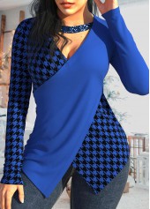 Houndstooth Print Patchwork Royal Blue T Shirt
