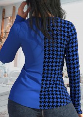 Houndstooth Print Patchwork Royal Blue T Shirt