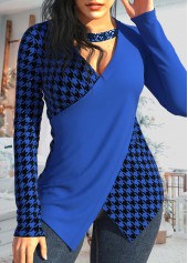 Houndstooth Print Patchwork Royal Blue T Shirt
