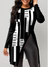 Geometric Print White Round Neck T Shirt