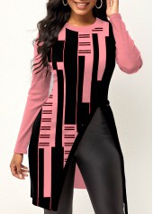 Geometric Print Pink Round Neck T Shirt