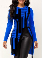 Geometric Print Royal Blue Round Neck T Shirt