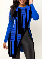 Geometric Print Royal Blue Round Neck T Shirt