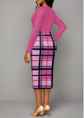 Pink V Neck Long Sleeve Plaid Bodycon Dress
