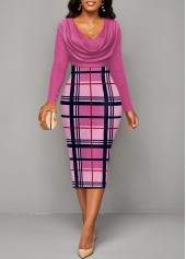 Pink V Neck Long Sleeve Plaid Bodycon Dress