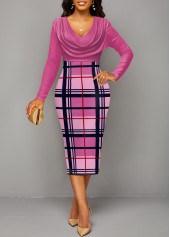 Pink V Neck Long Sleeve Plaid Bodycon Dress