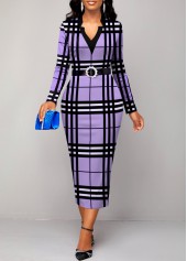 Plaid Patchwork Light Purple V Neck Dress
