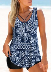 Patchwork Metal Ring Navy Tankini Set