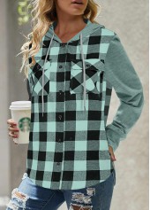 Plaid Pocket Mint Green Long Sleeve Hoodie
