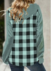 Plaid Pocket Mint Green Long Sleeve Hoodie